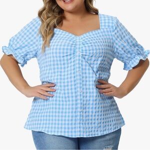 Agnes Orinda Plus Size Gingham Sweetheart Neck Flounce Sleeve Blouse Plaid